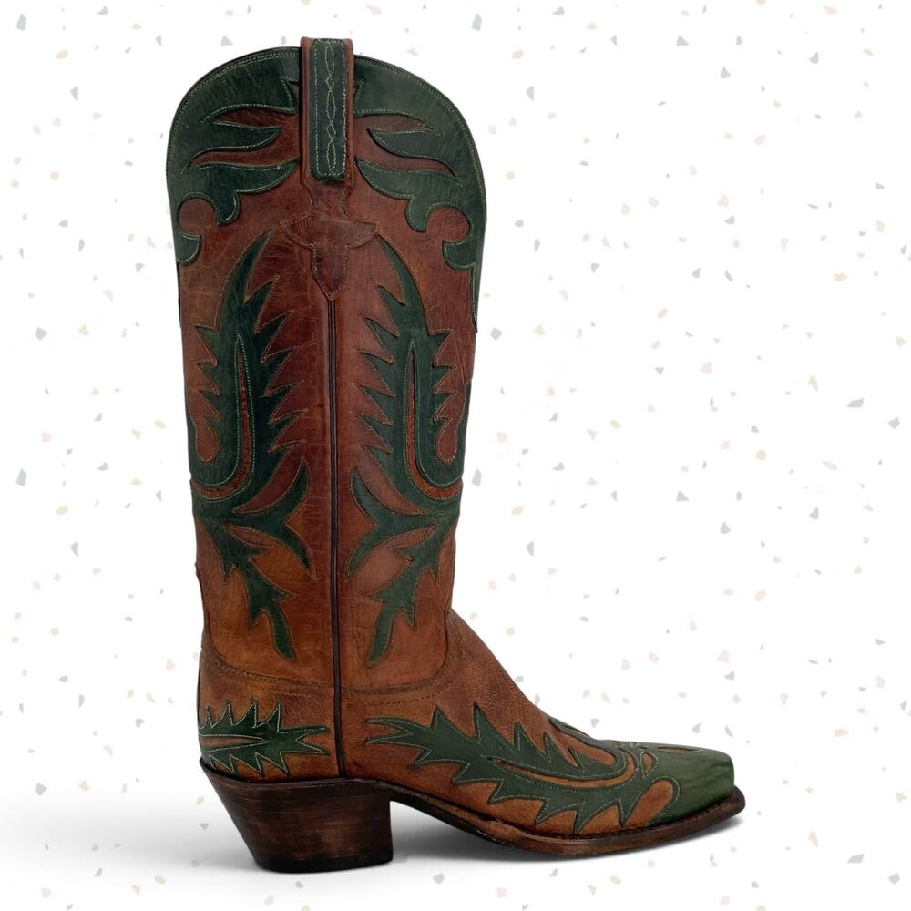 Vintage Lucchese Classics Western Boot Cowboy Green Overlay Brown Leather Size 6 - Picture 5 of 15